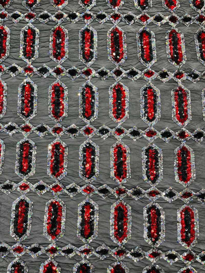 Fancy Gem Jewel Fabric - Red on Black - Geometric Stretch Sequins Design on Mesh By Yard