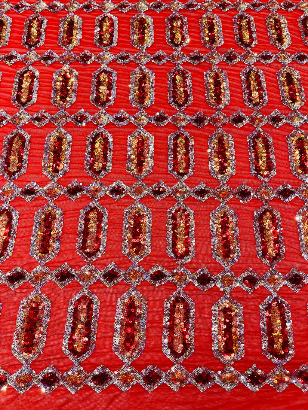 Fancy Gem Jewel Fabric - Red Iridescent - Geometric Stretch Sequins Design on Mesh By Yard