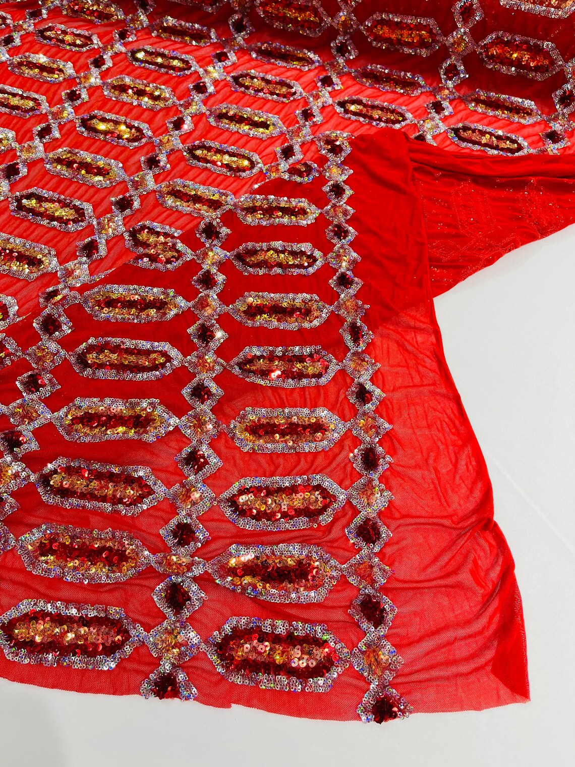Fancy Gem Jewel Fabric - Red Iridescent - Geometric Stretch Sequins Design on Mesh By Yard