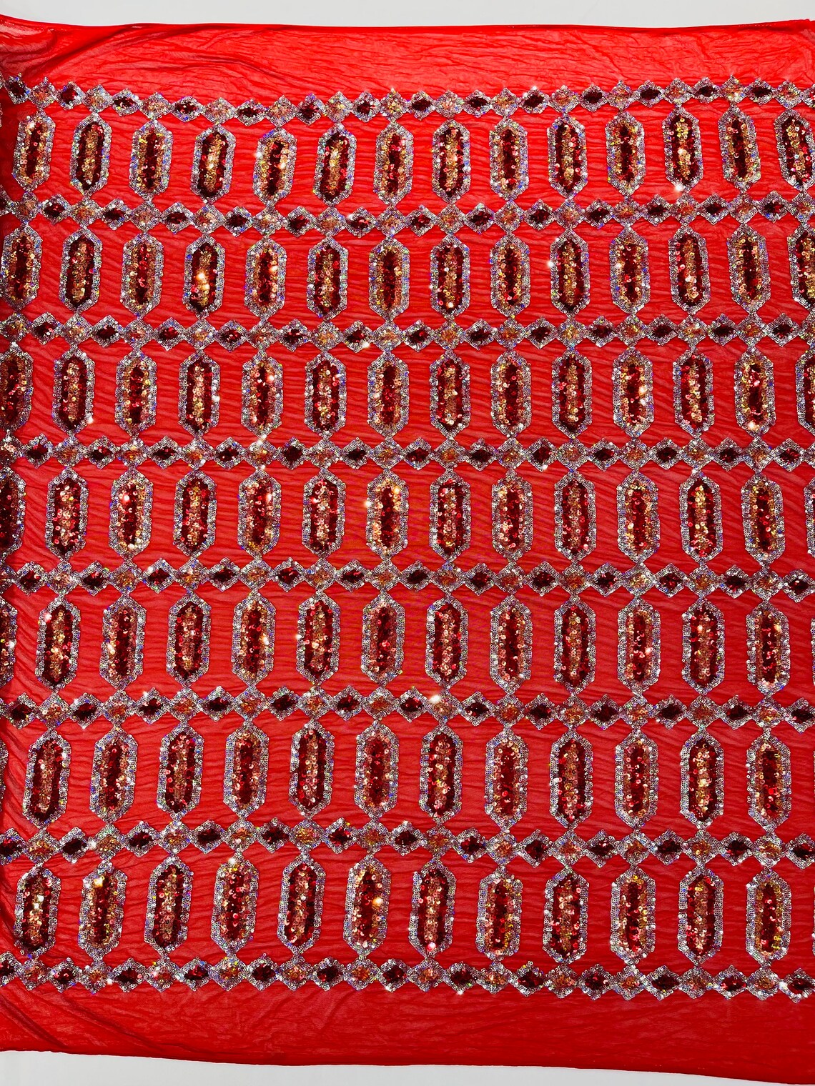 Geometric Stretch Sequin - Fancy Gem Jewel Design on Mesh Pick Color - 25 Yard Roll