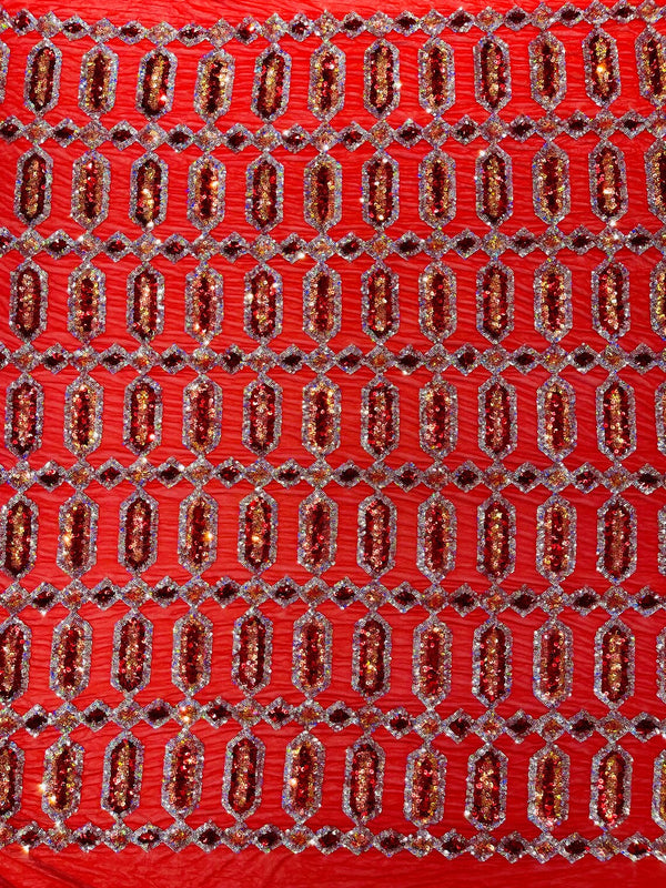 Fancy Gem Jewel Fabric - Red Iridescent - Geometric Stretch Sequins Design on Mesh By Yard