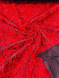 Metallic Eyelash Fabric - Red on Black - Feather/Eyelash/Fringe Design on Mesh By Yard