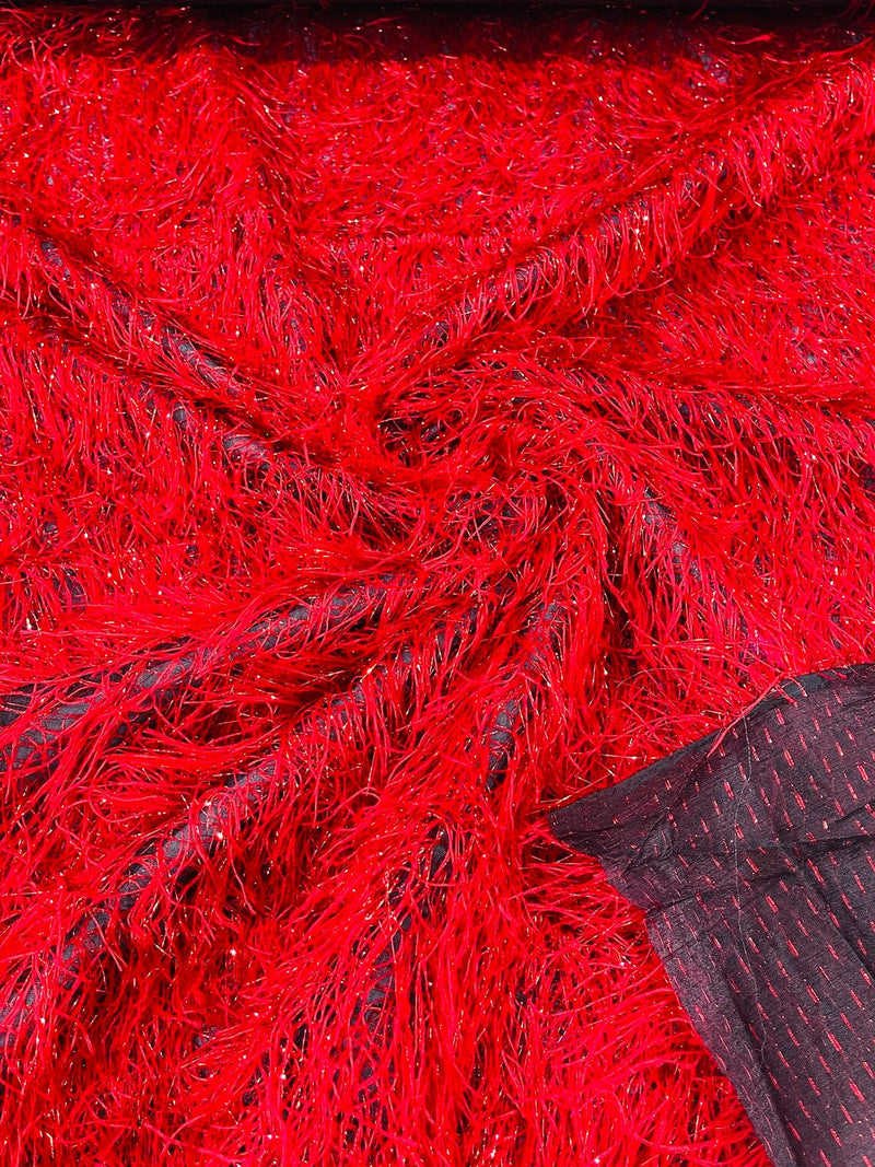 Metallic Eyelash Fabric - Red on Black - Feather/Eyelash/Fringe Design on Mesh By Yard