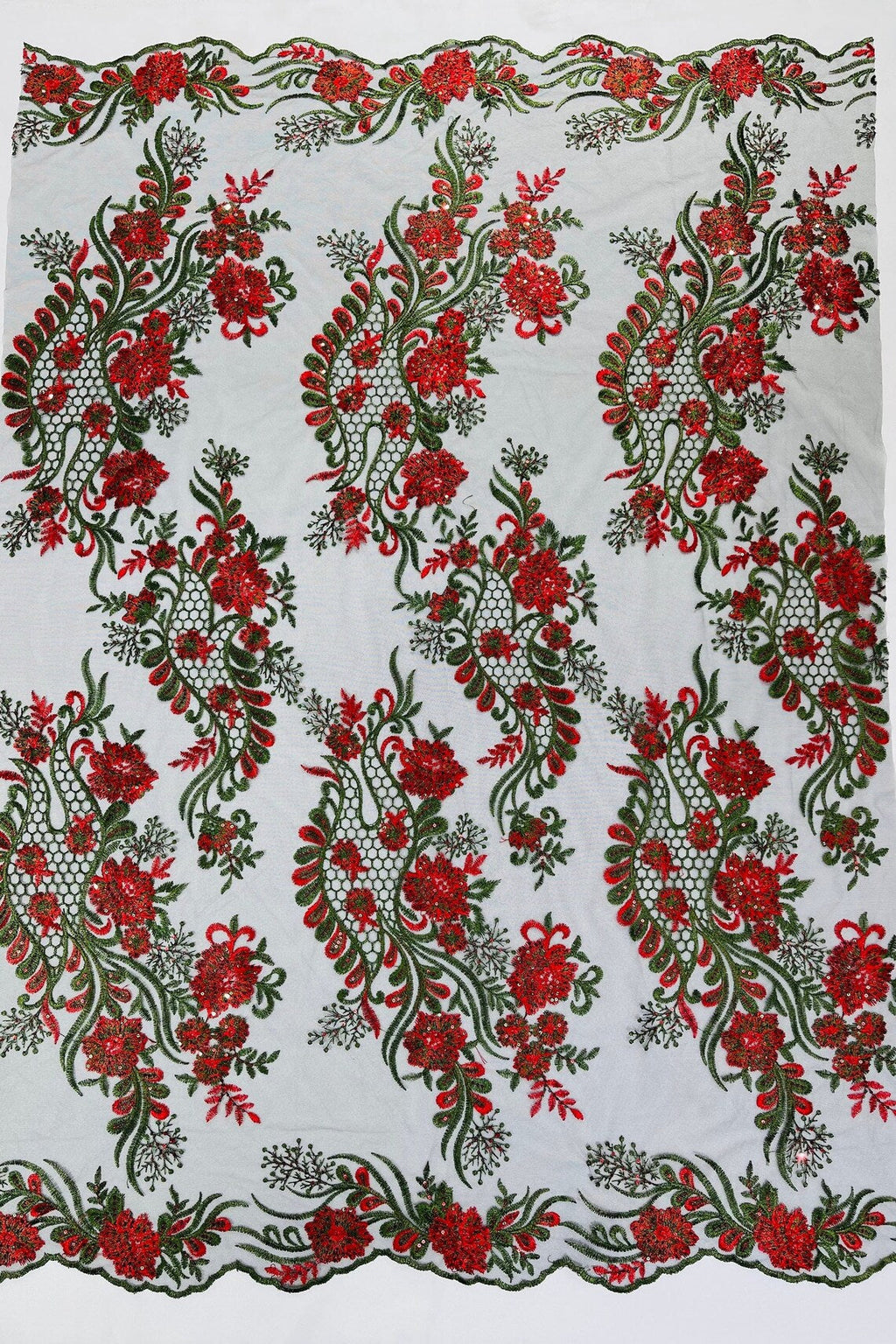 Corded Lace Sequins Fabric - Red on Black - Embroidered Fancy Flower and Fish Design Sold By Yard