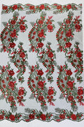 Corded Lace Sequins Fabric - Red on Black - Embroidered Fancy Flower and Fish Design Sold By Yard