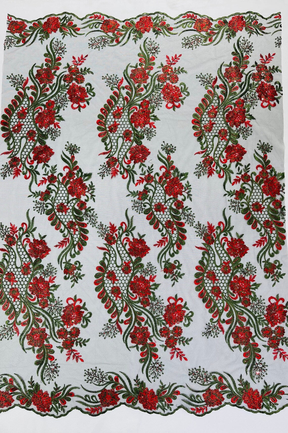 Corded Lace Sequins Fabric - Red on Black - Embroidered Fancy Flower and Fish Design Sold By Yard