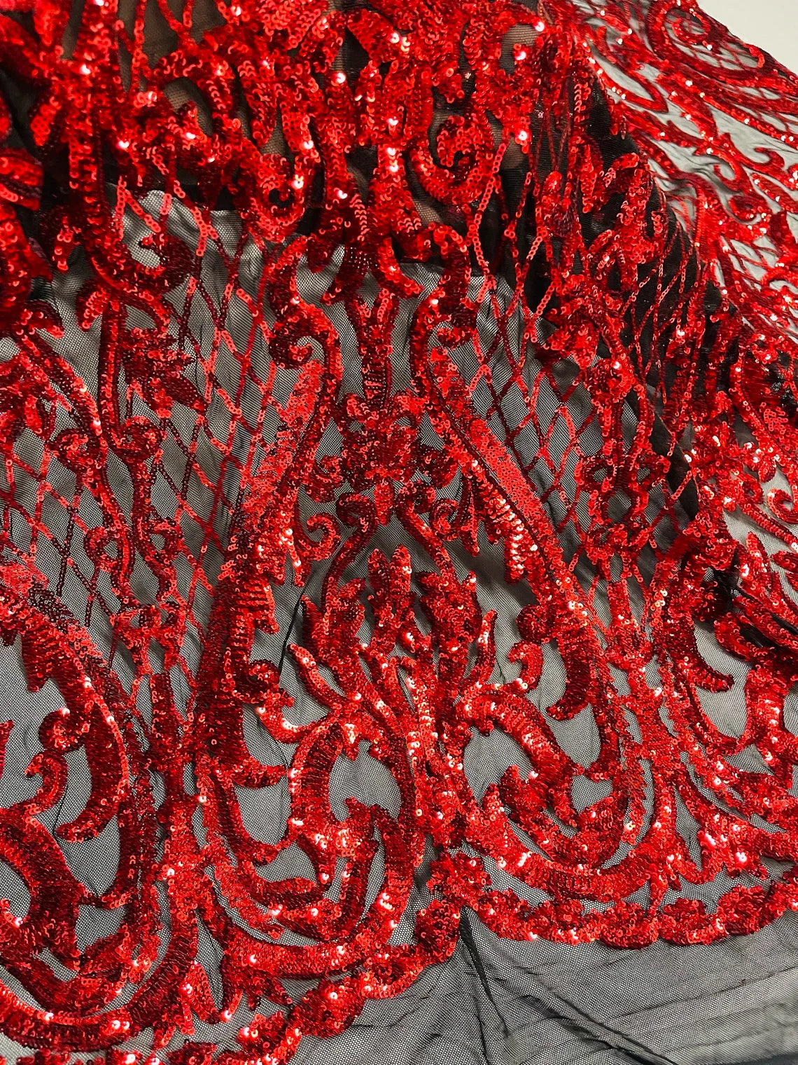 Heart Damask Sequins - Red on Black - 4 Way Stretch Sequins Fabric By Yard