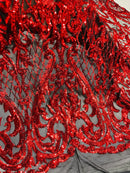 Heart Damask Sequins - Red on Black - 4 Way Stretch Sequins Fabric By Yard