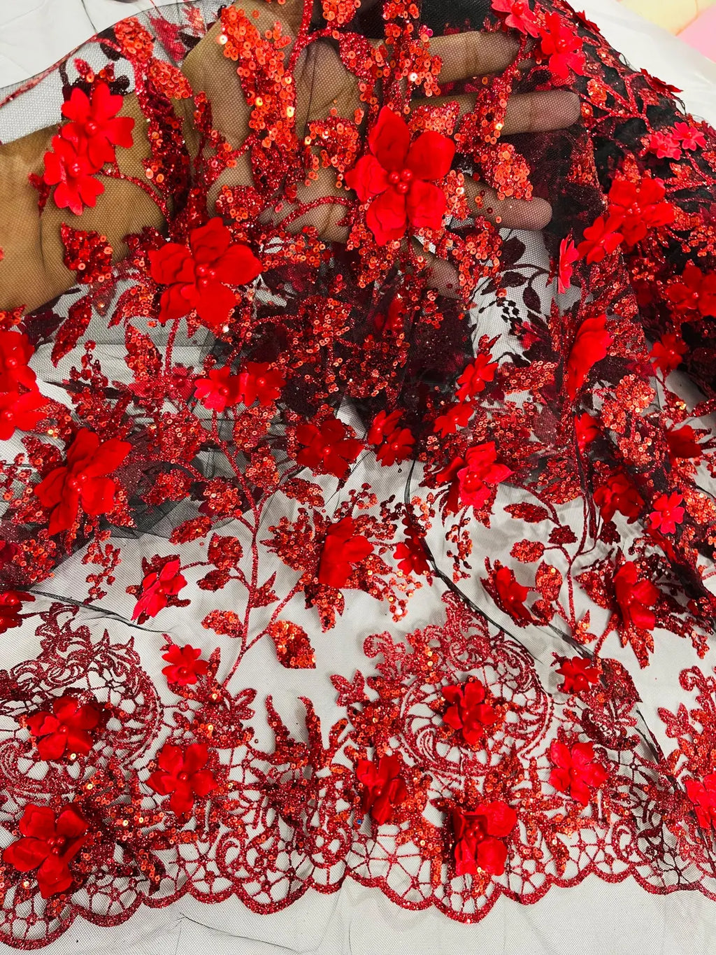 3D Flower Glitter Fabric - Red on Black - Floral Glitter Sequin Design on Lace Mesh Fabric by Yard
