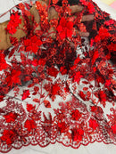 3D Flower Glitter Fabric - Red on Black - Floral Glitter Sequin Design on Lace Mesh Fabric by Yard