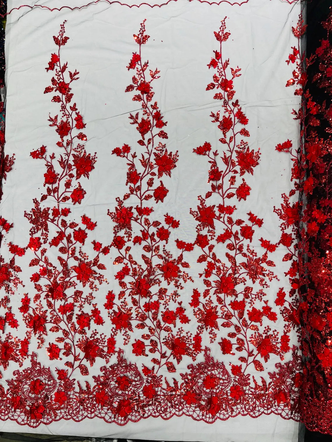 3D Flower Glitter Fabric - Red on Black - Floral Glitter Sequin Design on Lace Mesh Fabric by Yard
