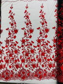 3D Flower Glitter Fabric - Red on Black - Floral Glitter Sequin Design on Lace Mesh Fabric by Yard