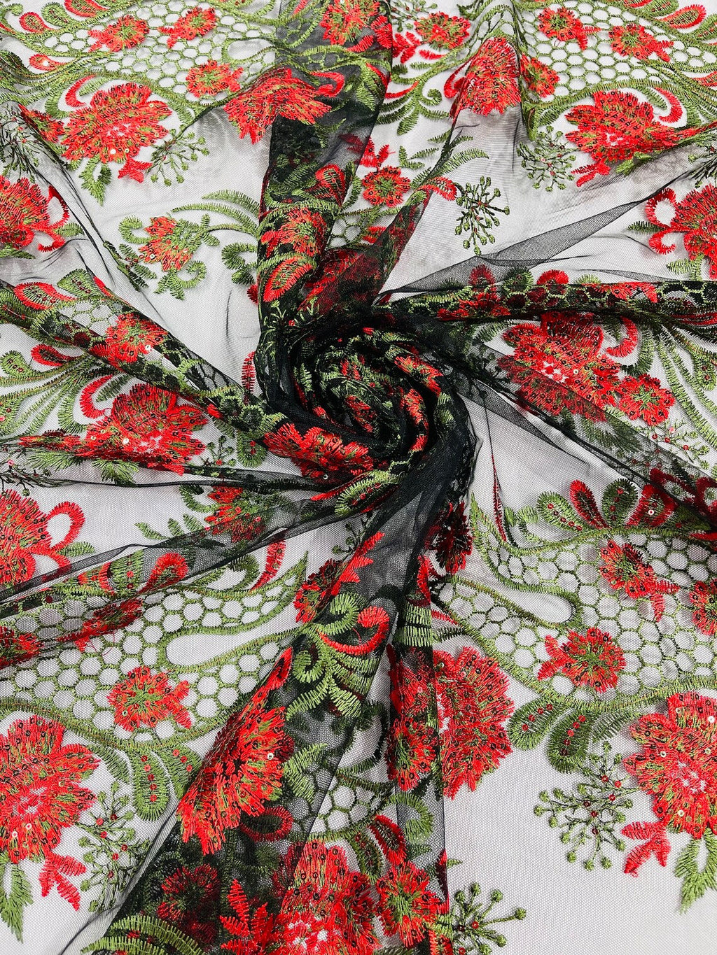 Corded Lace Sequins Fabric - Red on Black - Embroidered Fancy Flower and Fish Design Sold By Yard