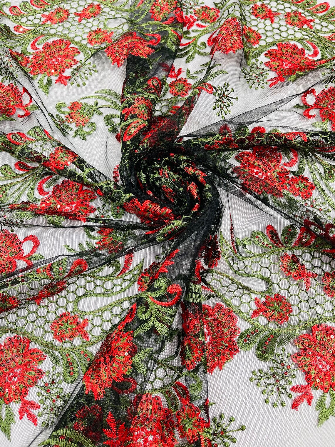Corded Lace Sequins Fabric - Red on Black - Embroidered Fancy Flower and Fish Design Sold By Yard