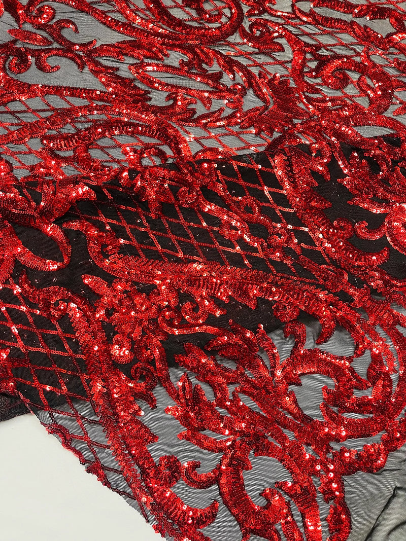 Heart Damask Sequins - Red on Black - 4 Way Stretch Sequins Fabric By Yard