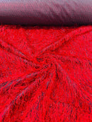 Metallic Eyelash Fabric - Red on Black - Feather/Eyelash/Fringe Design on Mesh By Yard