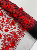 3D Flower Glitter Fabric - Red on Black - Floral Glitter Sequin Design on Lace Mesh Fabric by Yard