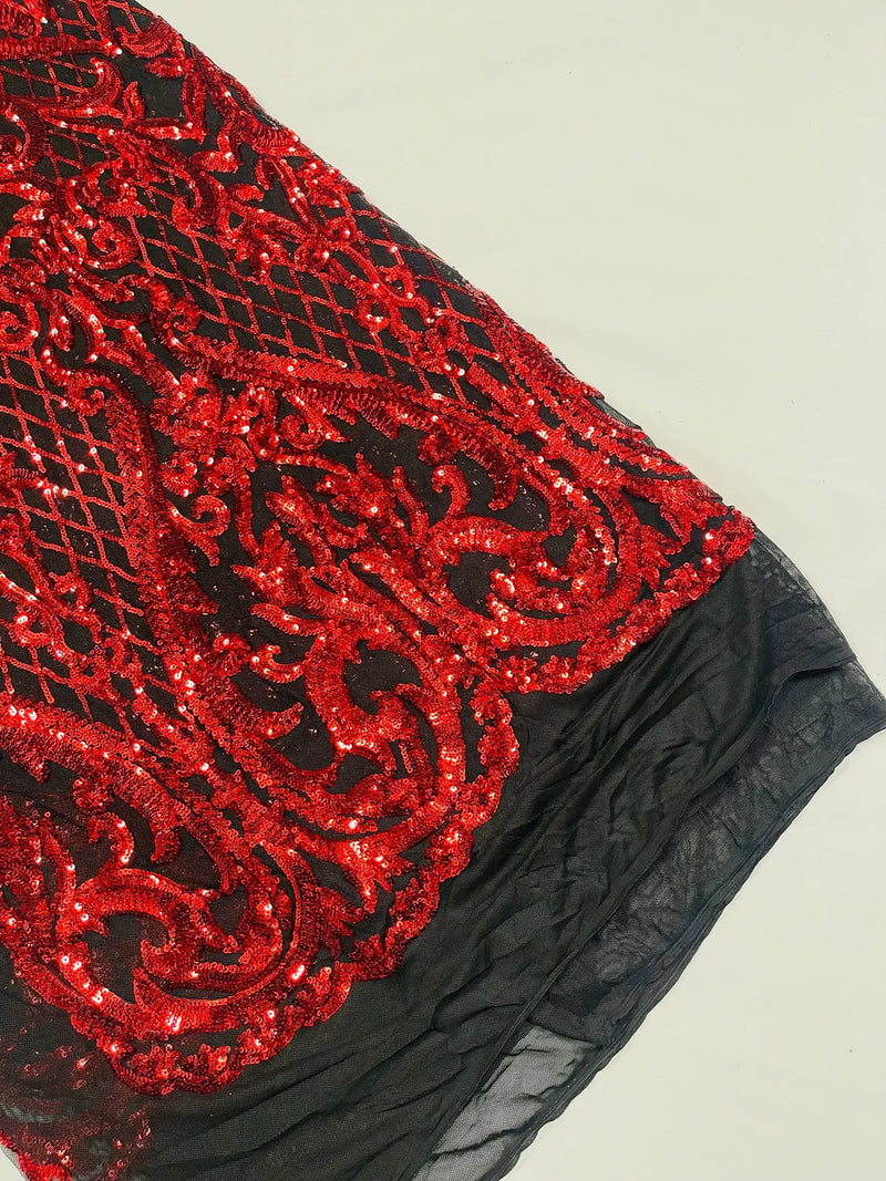 Heart Damask Sequins - Red on Black - 4 Way Stretch Sequins Fabric By Yard