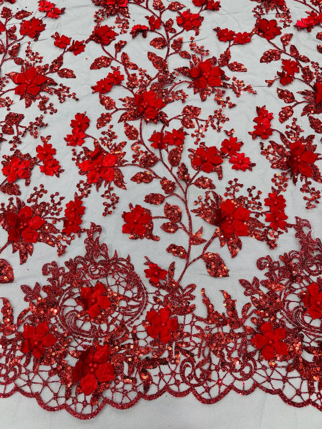 3D Flower Glitter Fabric - Red on Black - Floral Glitter Sequin Design on Lace Mesh Fabric by Yard