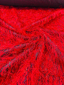 Metallic Eyelash Fabric - Red on Black - Feather/Eyelash/Fringe Design on Mesh By Yard