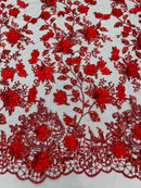 3D Flower Glitter Fabric - Red on Black - Floral Glitter Sequin Design on Lace Mesh Fabric by Yard