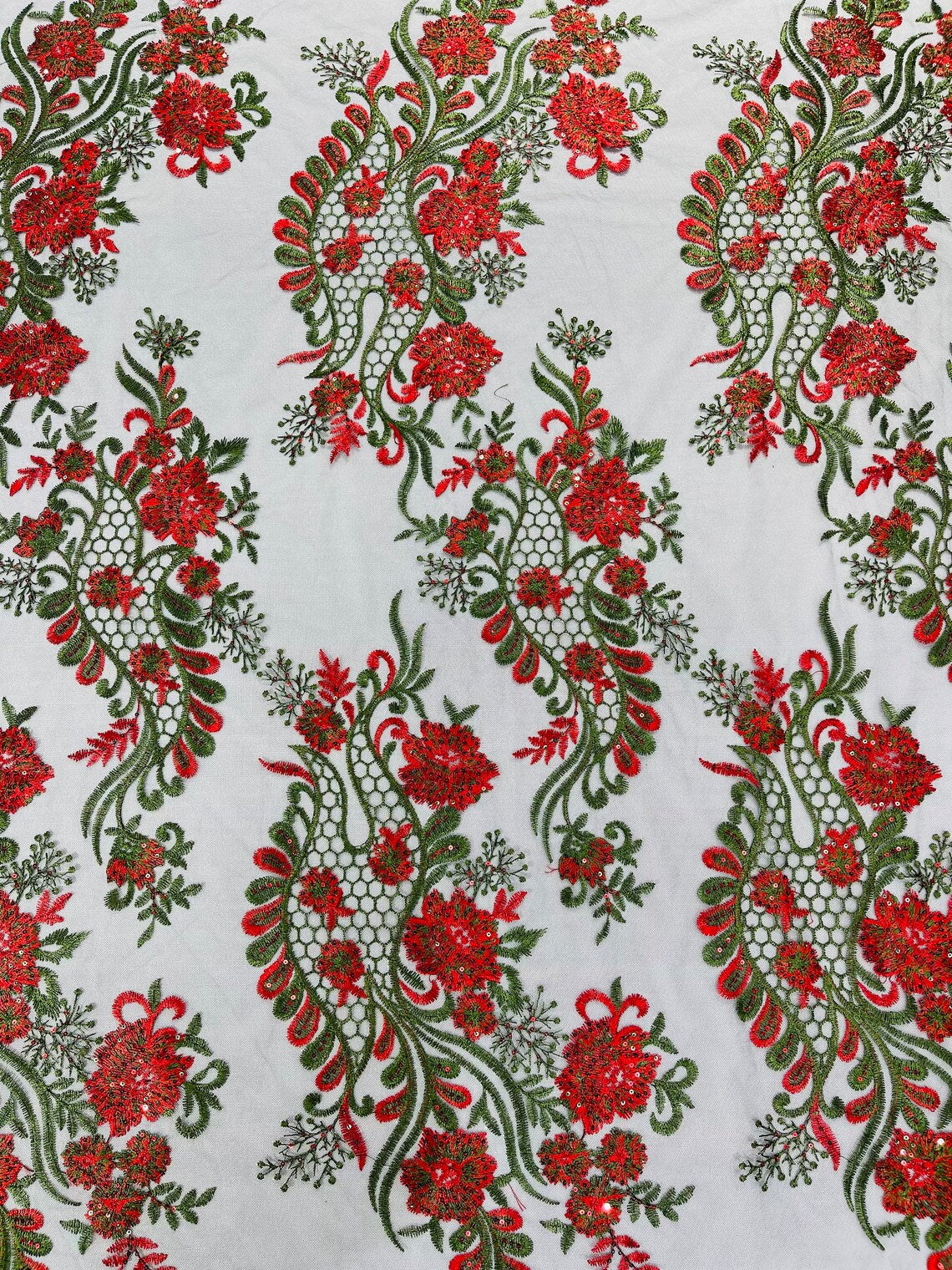 Corded Lace Sequins Fabric - Red on Black - Embroidered Fancy Flower and Fish Design Sold By Yard