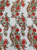 Corded Lace Sequins Fabric - Red on Black - Embroidered Fancy Flower and Fish Design Sold By Yard