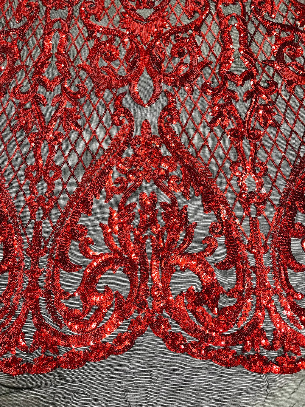 Heart Damask Sequins - Red on Black - 4 Way Stretch Sequins Fabric By Yard