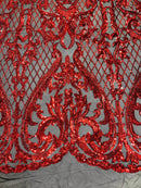 Heart Damask Sequins - Red on Black - 4 Way Stretch Sequins Fabric By Yard