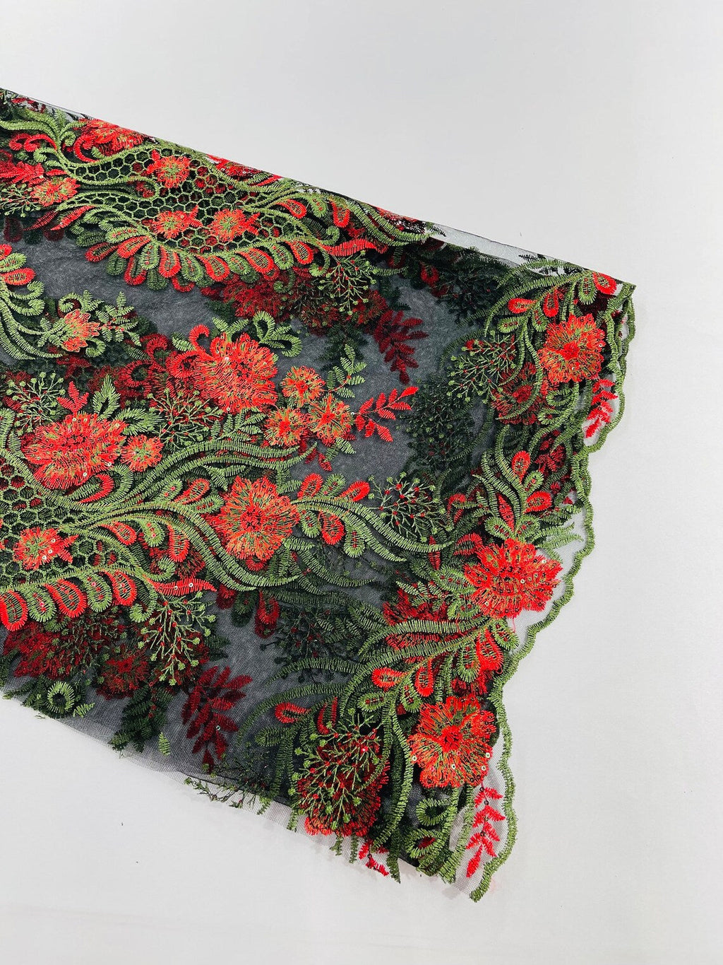 Corded Lace Sequins Fabric - Red on Black - Embroidered Fancy Flower and Fish Design Sold By Yard