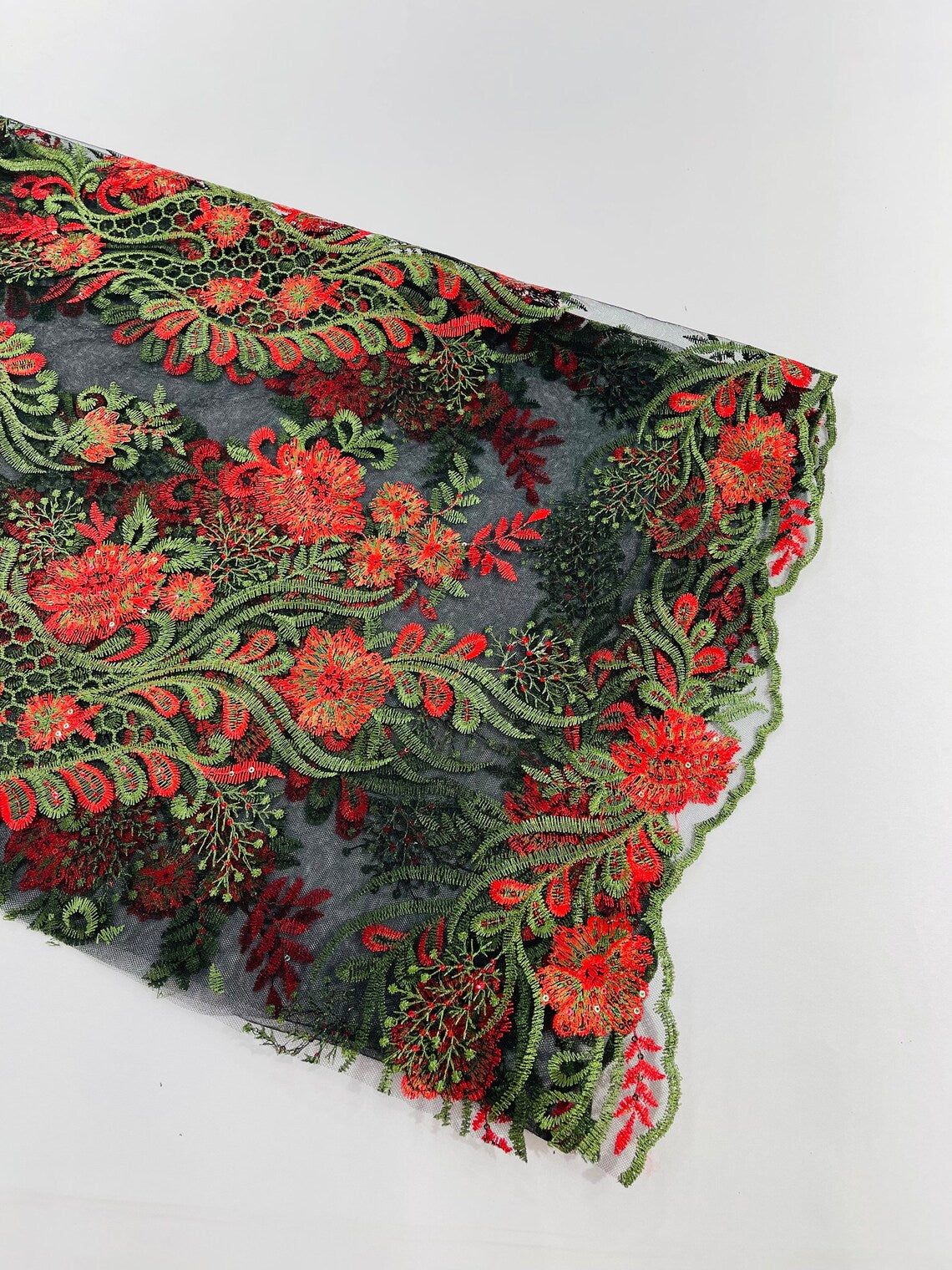 Corded Lace Sequins Fabric - Red on Black - Embroidered Fancy Flower and Fish Design Sold By Yard