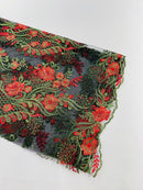 Corded Lace Sequins Fabric - Red on Black - Embroidered Fancy Flower and Fish Design Sold By Yard