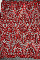 Heart Damask Sequins - Red on Black - 4 Way Stretch Sequins Fabric By Yard