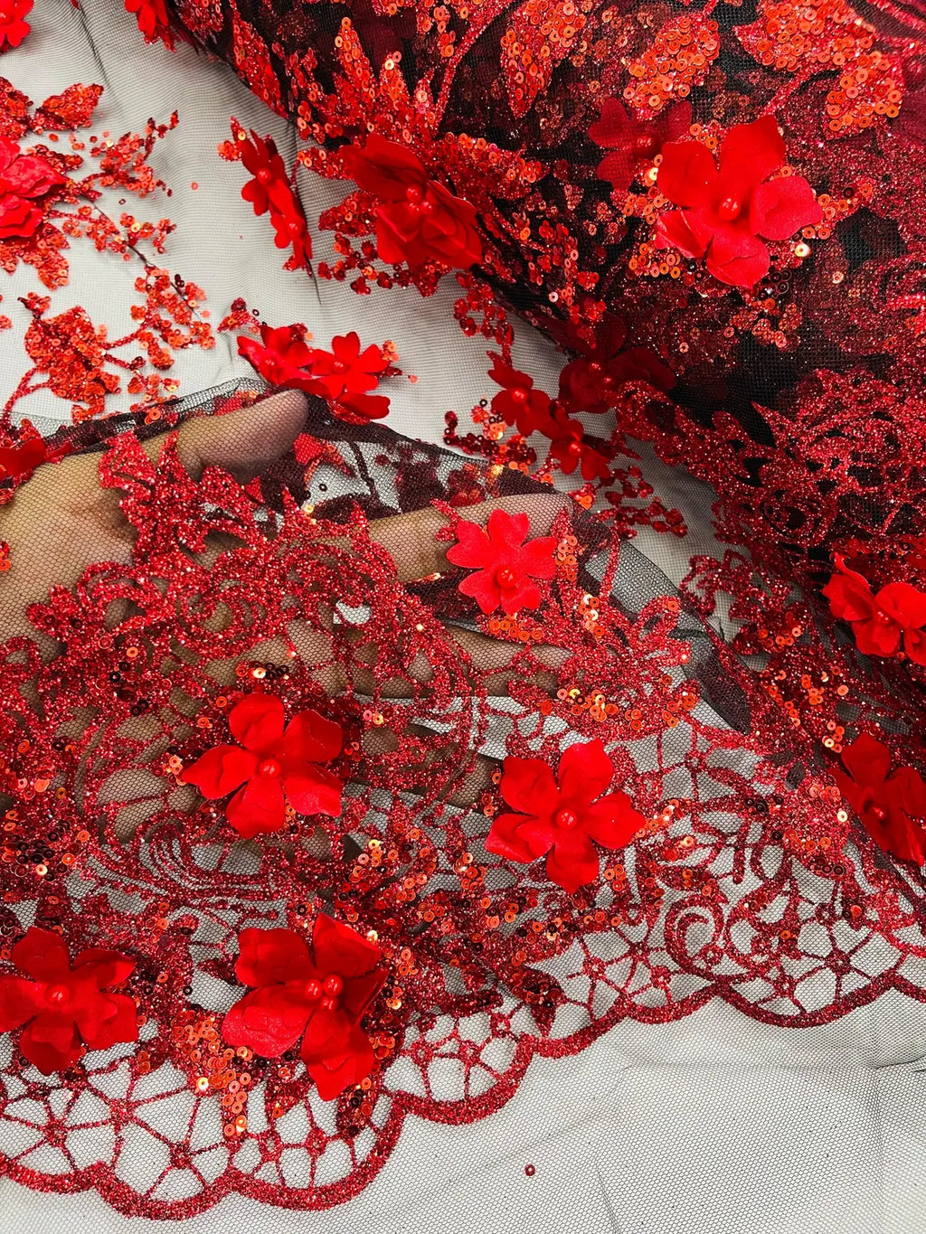 3D Flower Glitter Fabric - Red on Black - Floral Glitter Sequin Design on Lace Mesh Fabric by Yard