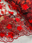 3D Flower Glitter Fabric - Red on Black - Floral Glitter Sequin Design on Lace Mesh Fabric by Yard