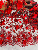 3D Flower Glitter Fabric - Red on Black - Floral Glitter Sequin Design on Lace Mesh Fabric by Yard
