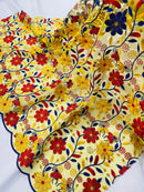 Multi-Color Floral Design Fabric - Red / Yellow / Blue - Flower Design Embroidered Lace  By Yard