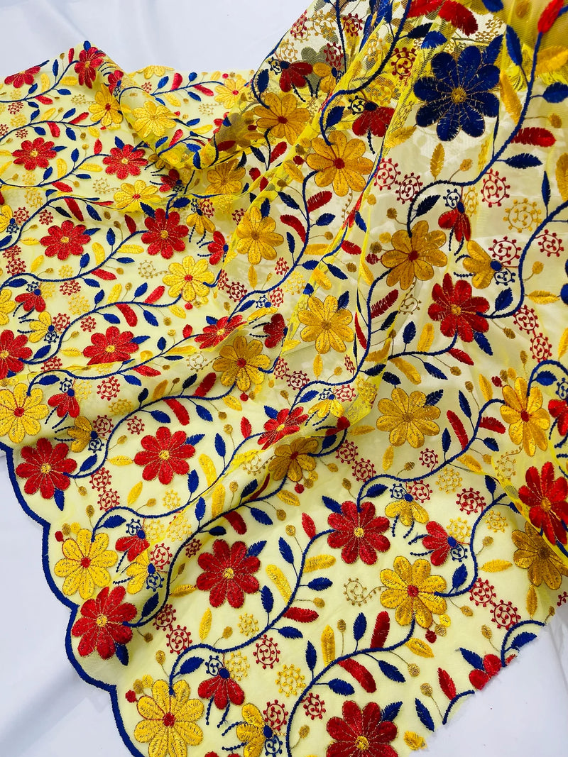 Multi-Color Floral Design Fabric - Red / Yellow / Blue - Flower Design Embroidered Lace  By Yard