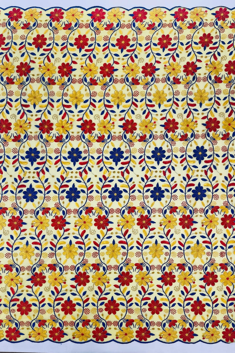 Multi-Color Floral Design Fabric - Red / Yellow / Blue - Flower Design Embroidered Lace  By Yard