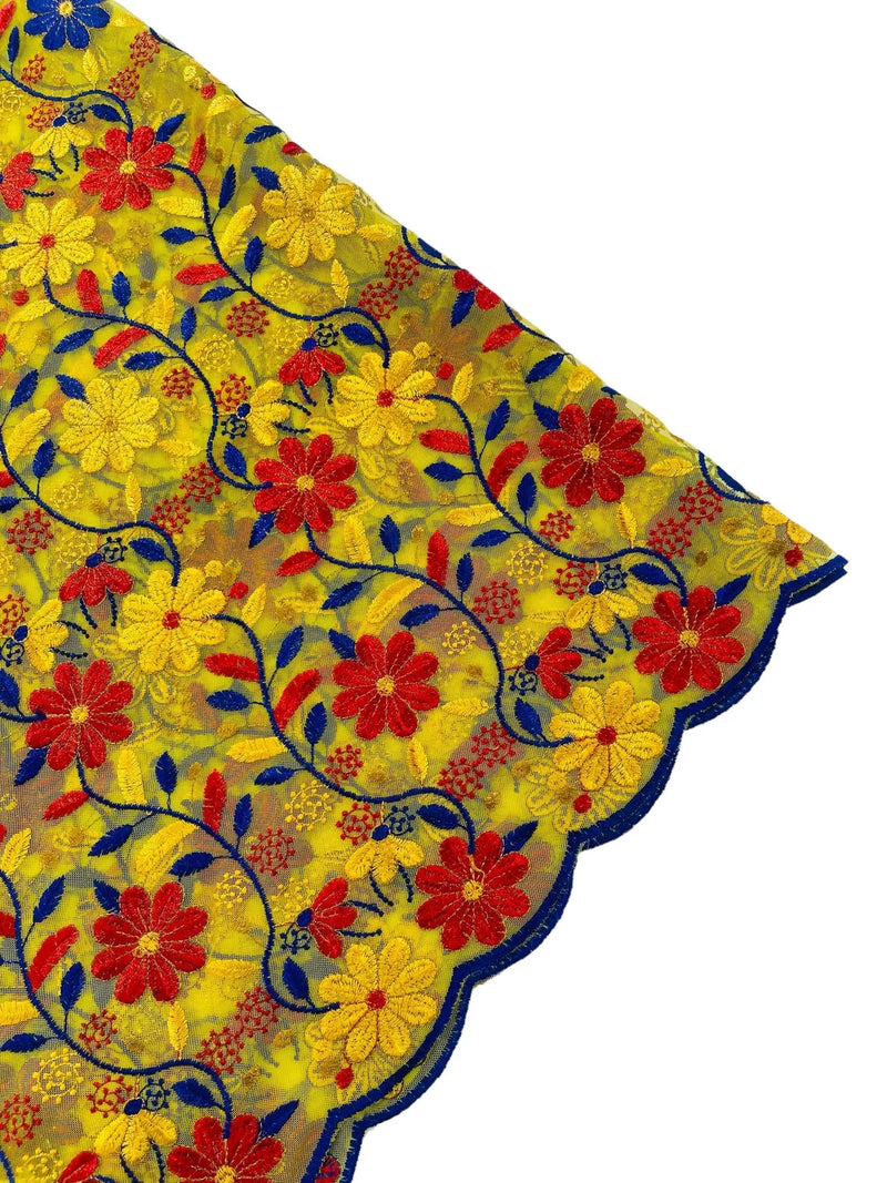 Multi-Color Floral Design Fabric - Red / Yellow / Blue - Flower Design Embroidered Lace  By Yard