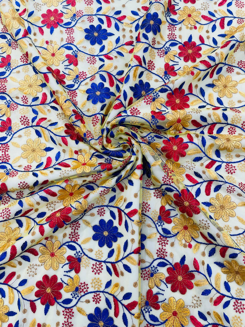 Multi-Color Floral Design Fabric - Red / Yellow / Blue - Flower Design Embroidered Lace  By Yard