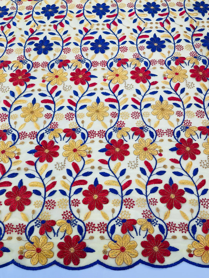 Multi-Color Floral Design Fabric - Red / Yellow / Blue - Flower Design Embroidered Lace  By Yard