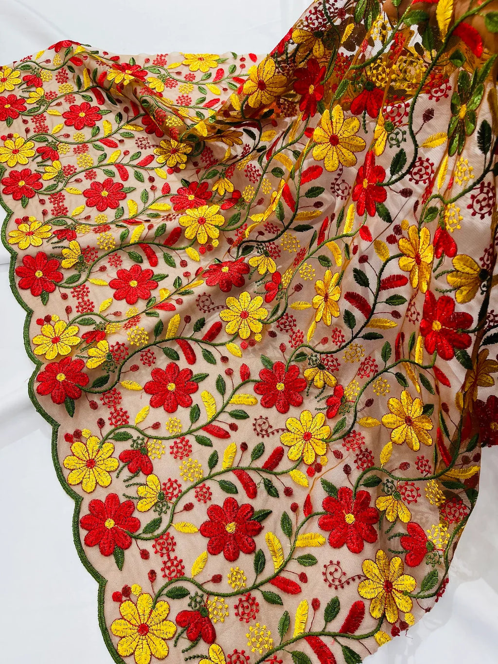 Multi-Color Floral Design Fabric - Red / Yellow / Green - Flower Design Embroidered Lace  By Yard