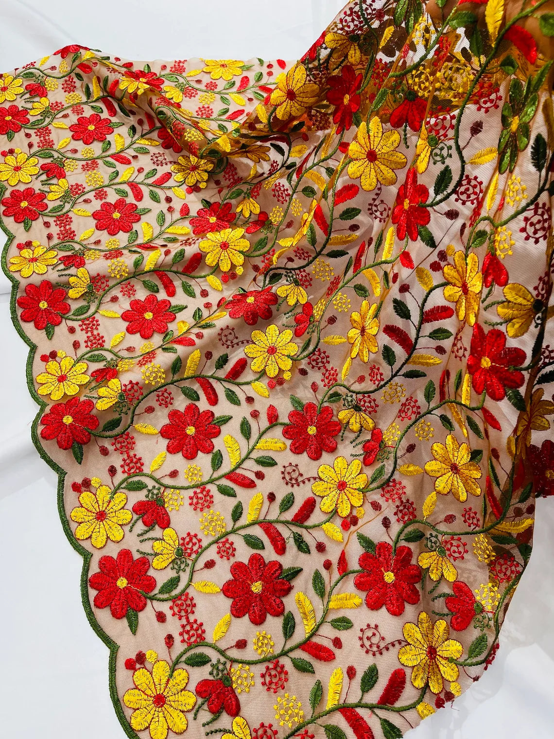 Multi-Color Floral Design Fabric - Red / Yellow / Green - Flower Design Embroidered Lace  By Yard