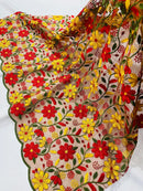 Multi-Color Floral Design Fabric - Red / Yellow / Green - Flower Design Embroidered Lace  By Yard