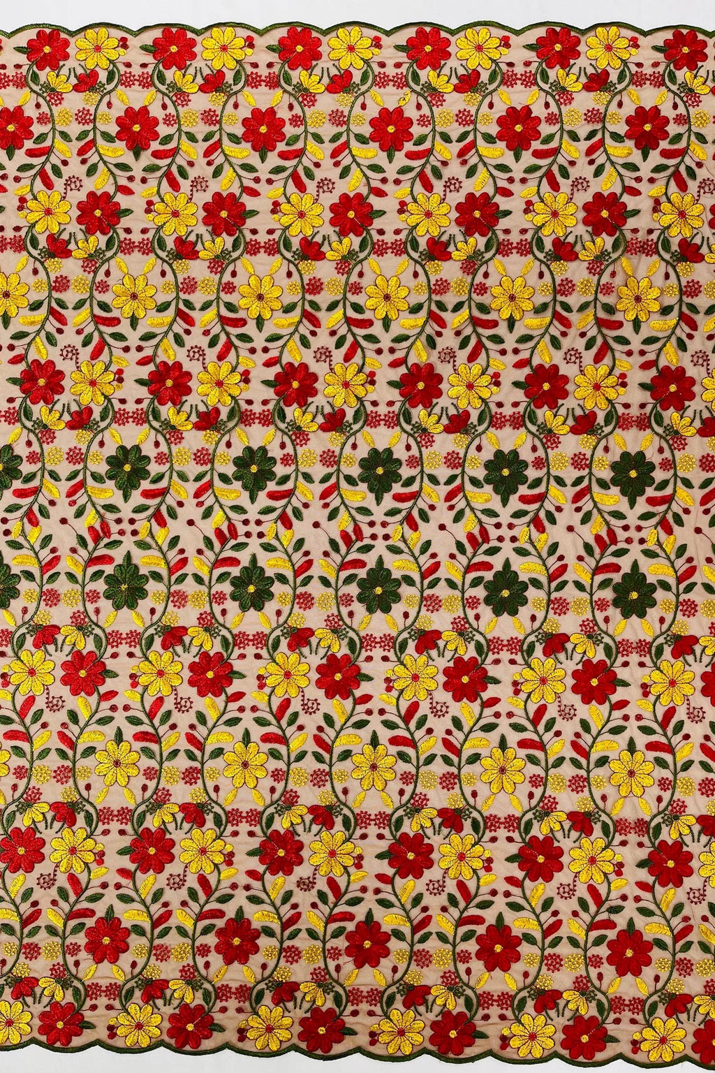 Multi-Color Floral Design Fabric - Red / Yellow / Green - Flower Design Embroidered Lace  By Yard