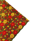 Multi-Color Floral Design Fabric - Red / Yellow / Green - Flower Design Embroidered Lace  By Yard