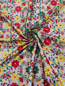 Multi-Color Floral Design Fabric - Red / Yellow / Green - Flower Design Embroidered Lace  By Yard