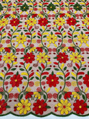 Multi-Color Floral Design Fabric - Red / Yellow / Green - Flower Design Embroidered Lace  By Yard