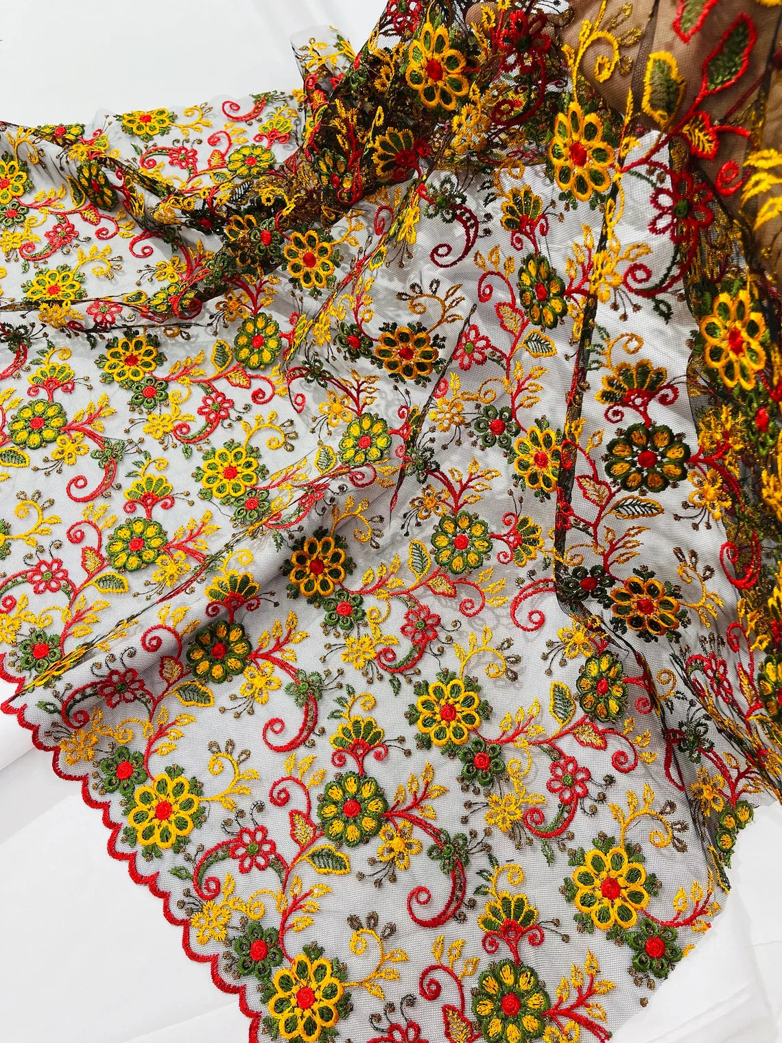 Floral Multi-Color Lace Fabric - Red / Yellow / Green on Black - Embroidered Design Lace By Yard